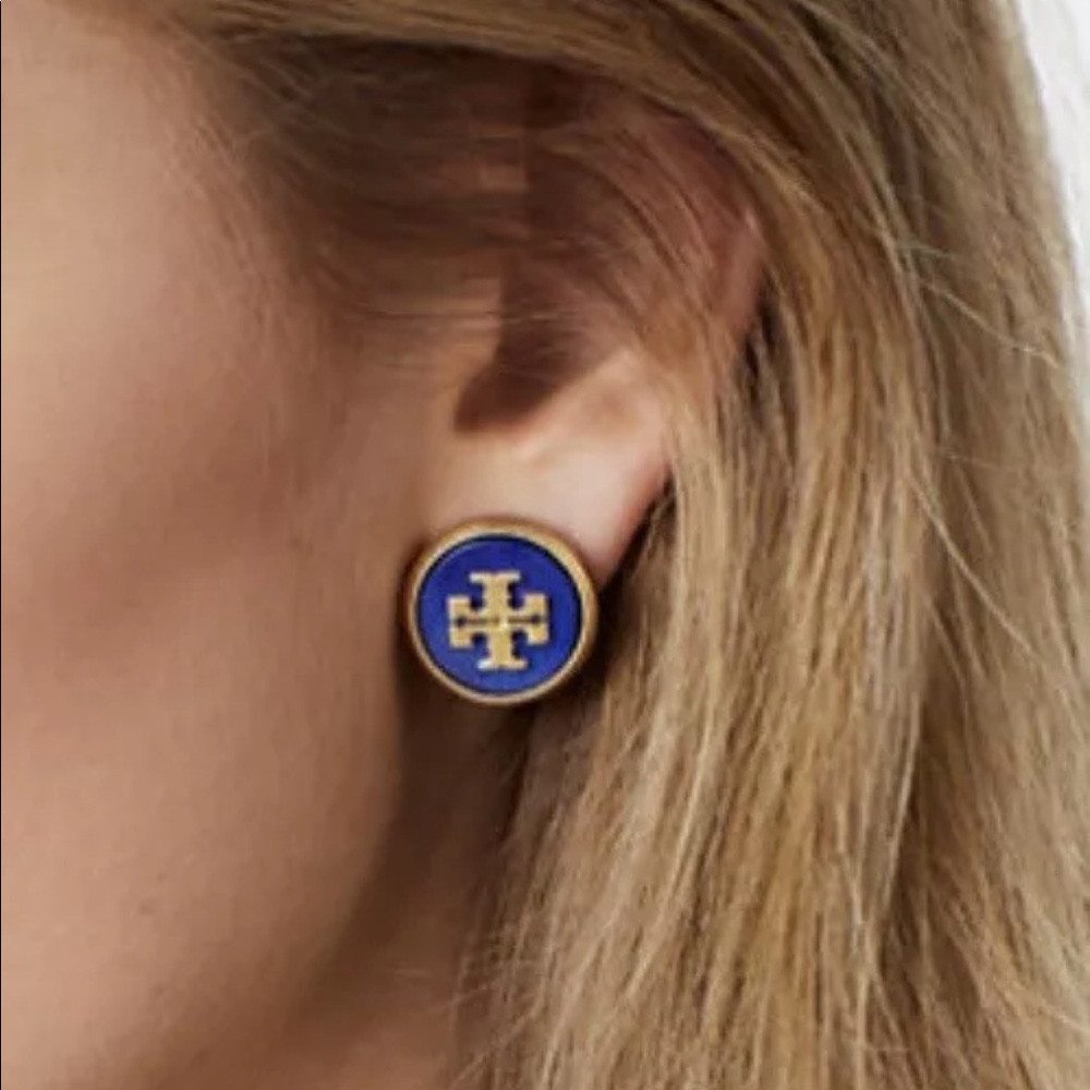Tory Burch Lapis/Gold Logo Earrings.New w/tags/bag